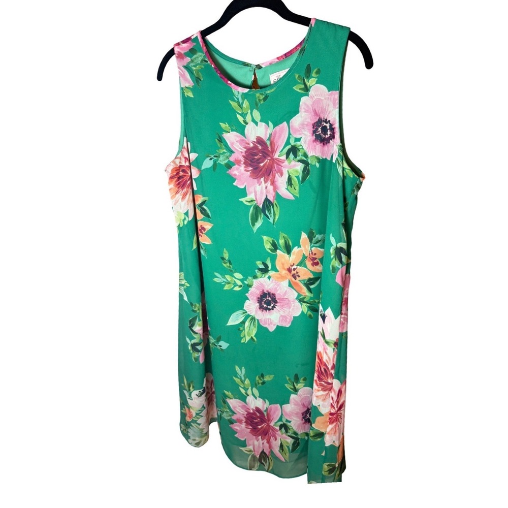 Jessica H Womens Green Pink Floral Sleeveless Shift Dress Size 14 Summer Chiffon